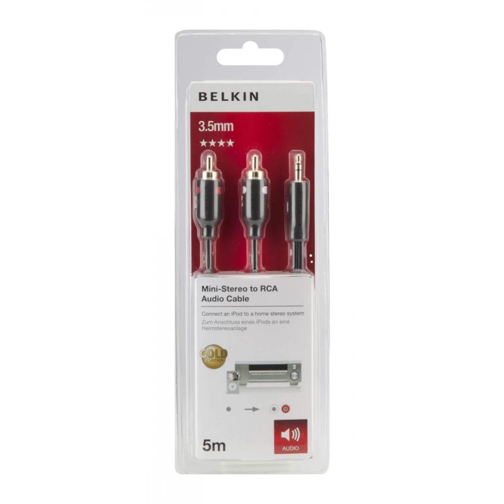 Kabelya, perexodniki, adaptari Belkin jack 3.5mm - M/RCA-Mx2, portable, 5m, black/gold 